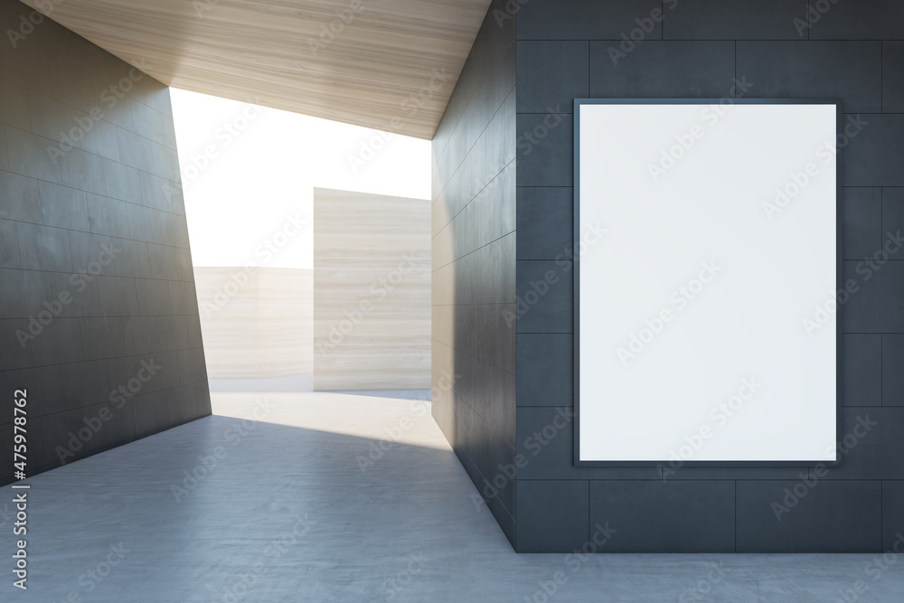 Poster Creative concrete tile space interior background with empty white mock up poster and sunlght. Design and abstraction concept. 3D Rendering.