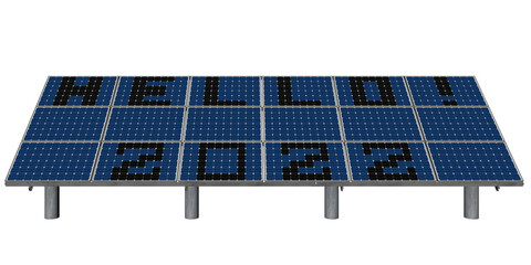 Photovoltaic module array display "Hello! 2020". Isolated on white. 3D rendering
