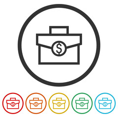 Briefcase with money icon isolated on white background, color set