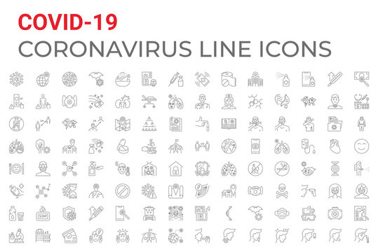 Coronavirus COVID-19 pandemic respiratory pneumonia disease related icons set line style. Included icons symptoms, transmission, prevention, treatment, virus, outbreak, contagious, infection 2019-nCoV
