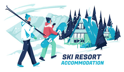 Two snowboarders, a man and a woman, walk towards the wooden chalet houses against the backdrop of a winter landscape. Accommodation in a ski resort. Winter sports. Flat vector illustration