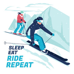 A poster with skiers and a mountain winter landscape. Extreme sports. Active lifestyle. Flat vector illustration. - obrazy, fototapety, plakaty