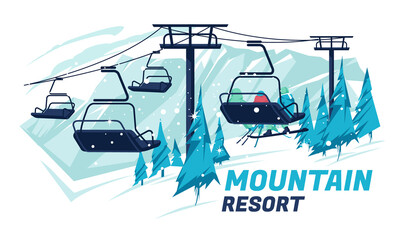 Ski lift with people on the background of the winter mountain landscape. Extreme winter sports. Lifestyle. Flat vector illustration.