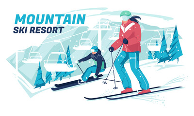 Two skiers, a man and a woman, against the background of a mountain lift. Winter extreme sports. Mountain landscape. Active lifestyle. Flat vector illustration.