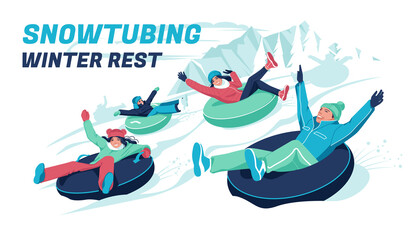 snowboarding. Several people of different ages slide down the hill Winter activities and sports. Mountain snowy landscape. Flat vector illustration © Maria