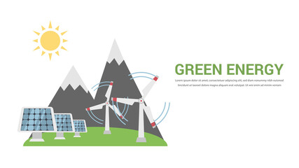 Green Energy, Renewable, Ecology, Solar, Wind Power, Think Green Flat Design Concept Illustration . Isolated on the White Background