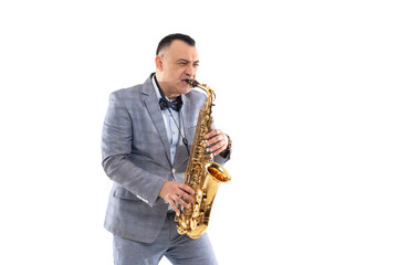 Fototapeta na wymiar Emotional Musician man in a suit plays on saxophone isolated on white background