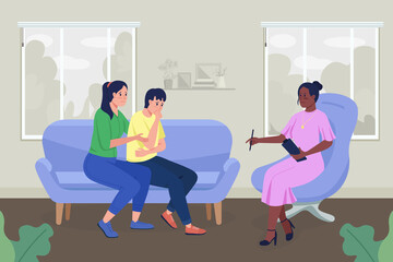 Mental health counseling for teen flat color vector illustration. Disturbed mother with son talking with professional psychologist 2D cartoon characters with counseling room on background