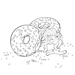 Donuts with flowing chocolate. Vector hand drawn illustration in line art style. Illustration for coloring book page. Design for menu, restaurants, cafe, market, print design.