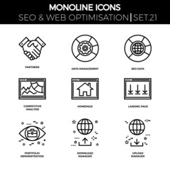Obraz premium Line icons set with flat design of search engine optimization. Partners, data management, seo data, competitive analysis, homepage, landing page, demonstration, download manager, upload manager