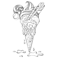 Ice cream cone with flowing chocolate, marshmallows, lollipops. Vector hand drawn illustration in line art style. Illustration for coloring book page. Summer food for gift card, icon, logo, sticker