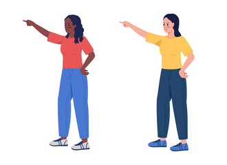 Angry women pointing with fingers semi flat color vector characters set. Full body people on white. Hand gesture isolated modern cartoon style illustration collection for graphic design and animation