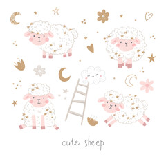 Set of Cute sheep isolated on white. Children's collection for clothes, nursery, postcards, posters. Vector print.