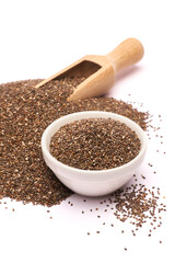 Ceramic bowl of organic natural chia seeds close-up isolated