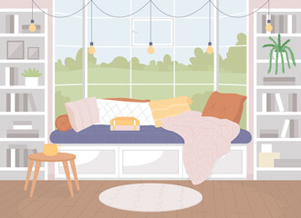 Cozy living room flat color vector illustration. Comfortable sofa between book shelves. Pillows and blankets for comfy seating. Nordic style 2D cartoon interior with furnishing on background © IMGvisualsCharacters