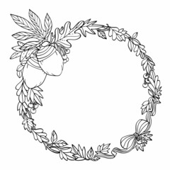 Obraz premium flower wreath round frame autumn nut line art