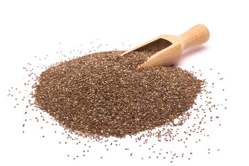 Wooden scoop of organic natural chia seeds close-up isolated