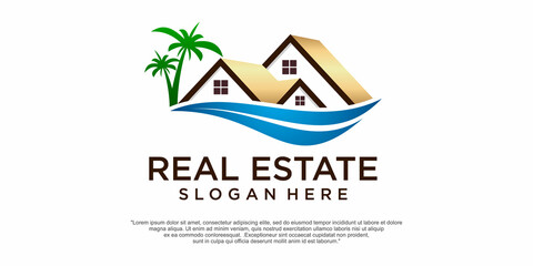 ROOF LOGO with wave and palm tree . logo vector design