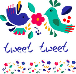 Two funny cartoon birds illustration. Geometric flat vector style.