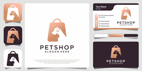 Pet shop logo design vector , cat and dog with shopping bag and business card .