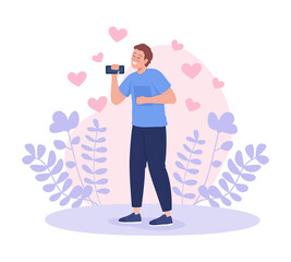 Smiling young man dancing with phone 2D vector isolated illustration. Carefree guy celebrates relationship beginning flat character on cartoon background. Having success on dating site colourful scene