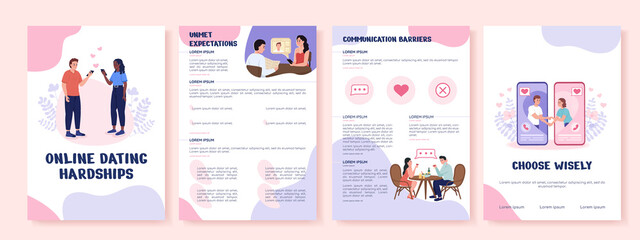 Online dating hardships flat vector brochure template. Flyer, booklet, printable leaflet design with flat illustrations. Magazine page, cartoon reports, infographic posters with text space