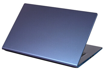 The back side of the laptop blue, isolated on white background.
