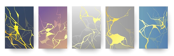 Posters with japanese gold kintsugi cracks, marble texture. Repaired broken pottery with golden lines. Luxury art prints design vector set