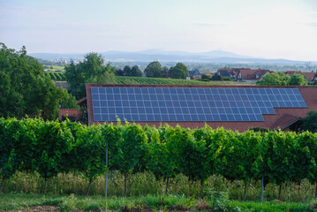 Rural landscape with solar panels in German vineyards. Solar panels for household use.