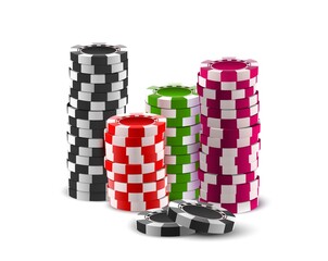 Realistic casino poker coins, gambling game chips stack. Roulette plastic token pile. Heaps of gamble chip. Casino win money vector concept