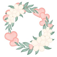 Round floral frame with pink hearts. Delicate flowers with leafy twigs rim. Watercolor botanical decoration template for greeting card, greeting or invitation