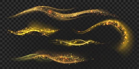 Golden magic light waves with star dust, glitter and sparkles. Gold shining comet trail with particles. Christmas glowing effect vector set © Tartila