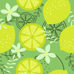 Modèle vectoriel avec citron, tranches de citron et fleurs. Fond jaune-vert. Plat naïf.
