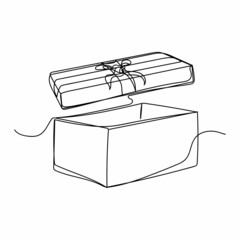 Continuous one simple single line drawing of gift box and lid with bow icon in silhouette on a white background. Linear stylized.