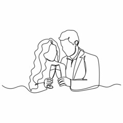 Continuous one simple single line drawing of lovely couple with champagne glasses valentines day icon in silhouette on a white background. Linear stylized.