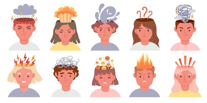 Negative thinking, depression and anxiety concepts with sad men and women. People with bad mood, clouds, rain, lightning and fire vector set