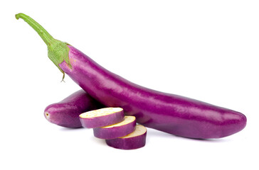 Sliced ​​purple eggplant and purple eggplant. isolated on white background.