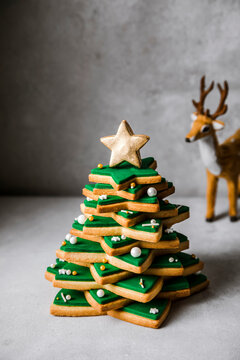 Decorated Christmas cookie tree on table