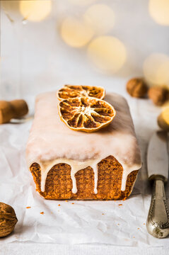 Tempting orange bread cake with bokeh light
