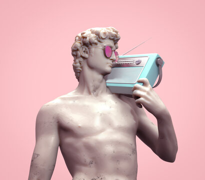Statue of David by Michelangelo with vintage radio and sunglasses. 3D rendering