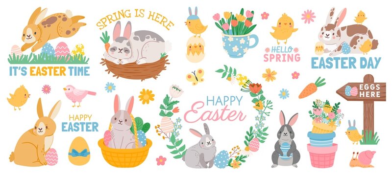 Spring easter cute animal characters and garden elements. Cartoon easter bunny with eggs in basket, flowers, chickens and birds vector set