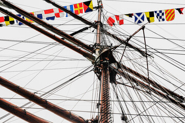 Mast and ropes of an old fashioned frigate ship