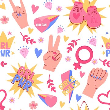 Feminist seamless pattern with female hands, fists and grl pwr slogans. Women sisterhood community power, motivation symbols vector print