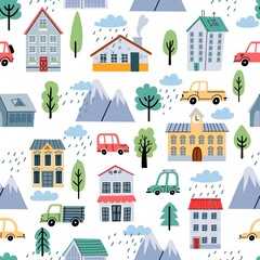 Childish seamless pattern with scandinavian houses, trees and cars. Cute town and transport. Cartoon landscape vector print for baby nurcery
