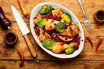 Baked chicken legs with broccoli.