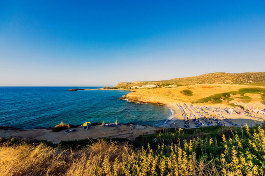 Greece, Crete, Sissi, Clear sky over coastal beach at early dusk