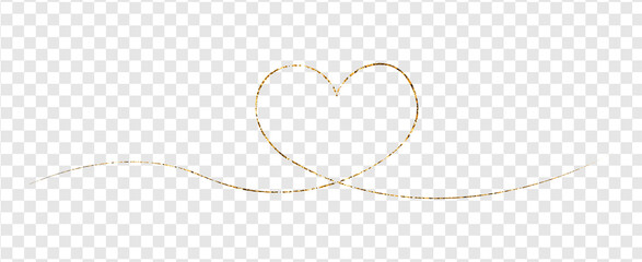 Art line continuous heart icon with sparkle gold glitter texture isolated on transparent background. Love symbol, Valentine's Day design vector illustration.