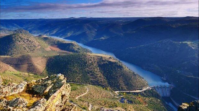 Time lapse. Douro river and spanish Saucelle Dam. Border between Portugal and Spain. National Parks. View from Penedo Durao lookout.