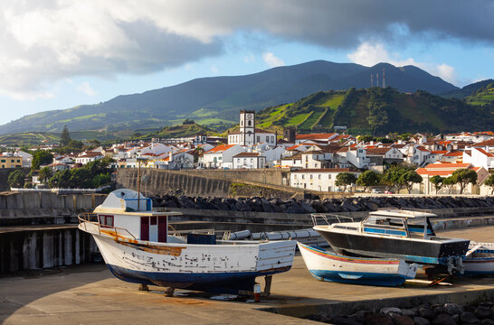 Portugal, Azores, Vila Franca do Campo, Boats in harbor of town on southern edge of Sao Miguel Island