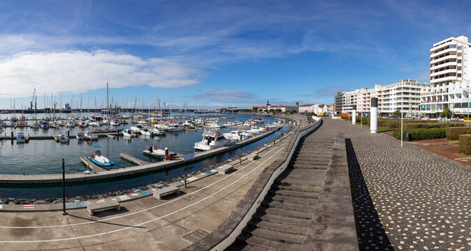 Portugal, Azores, Ponta Delgada, Marina and promenade of coastal city